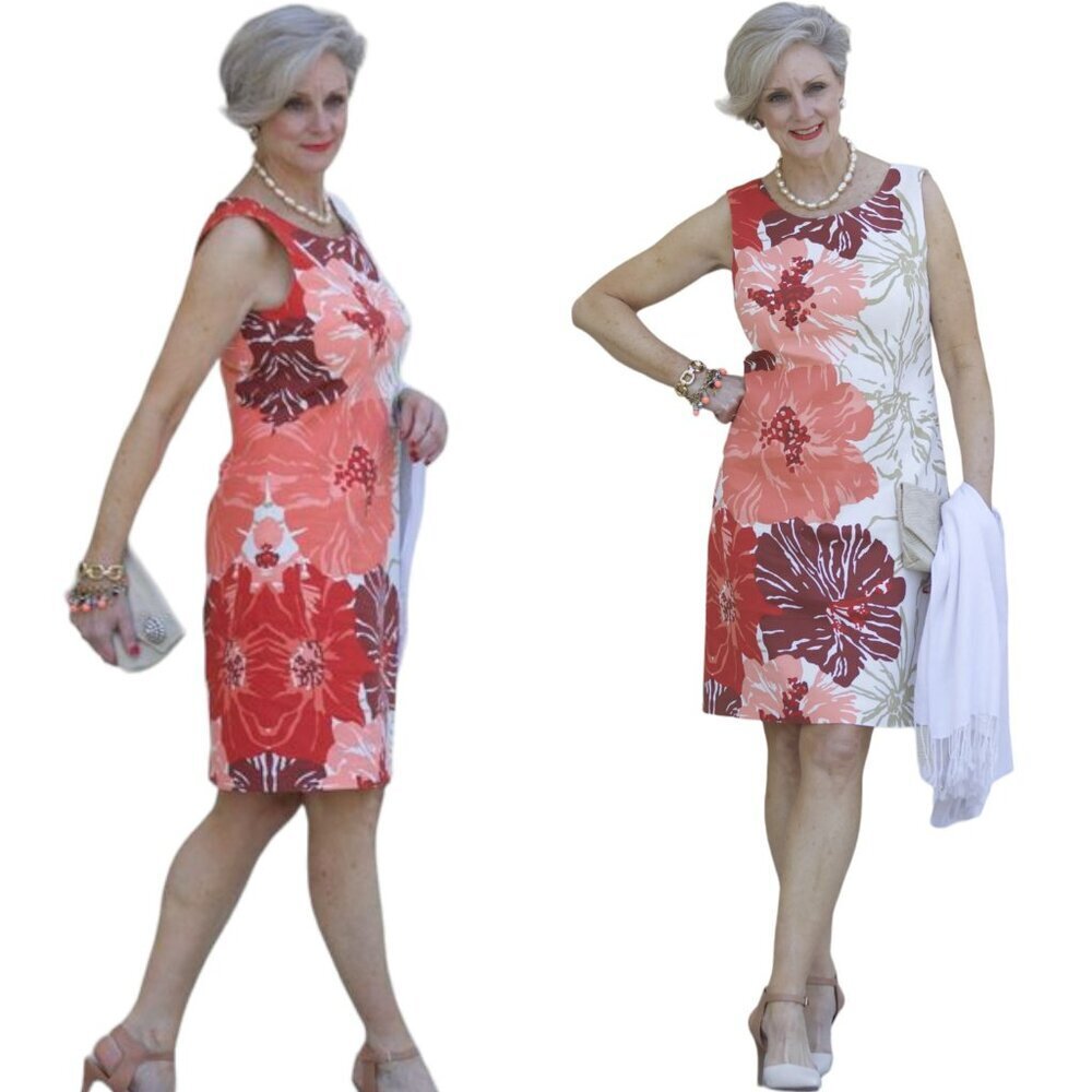 Talbots Cotton Pique Sleeveless Floral Sheath Dress - Tan/Coral/Red/Cream - 12